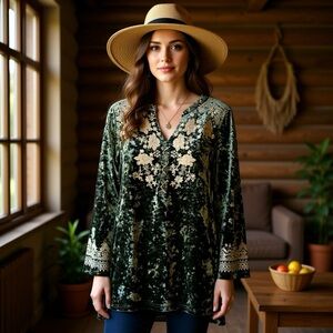 ANDREE BY UNIT VELVET GREEN EMBROIDERED BLOUSE, LARGE
